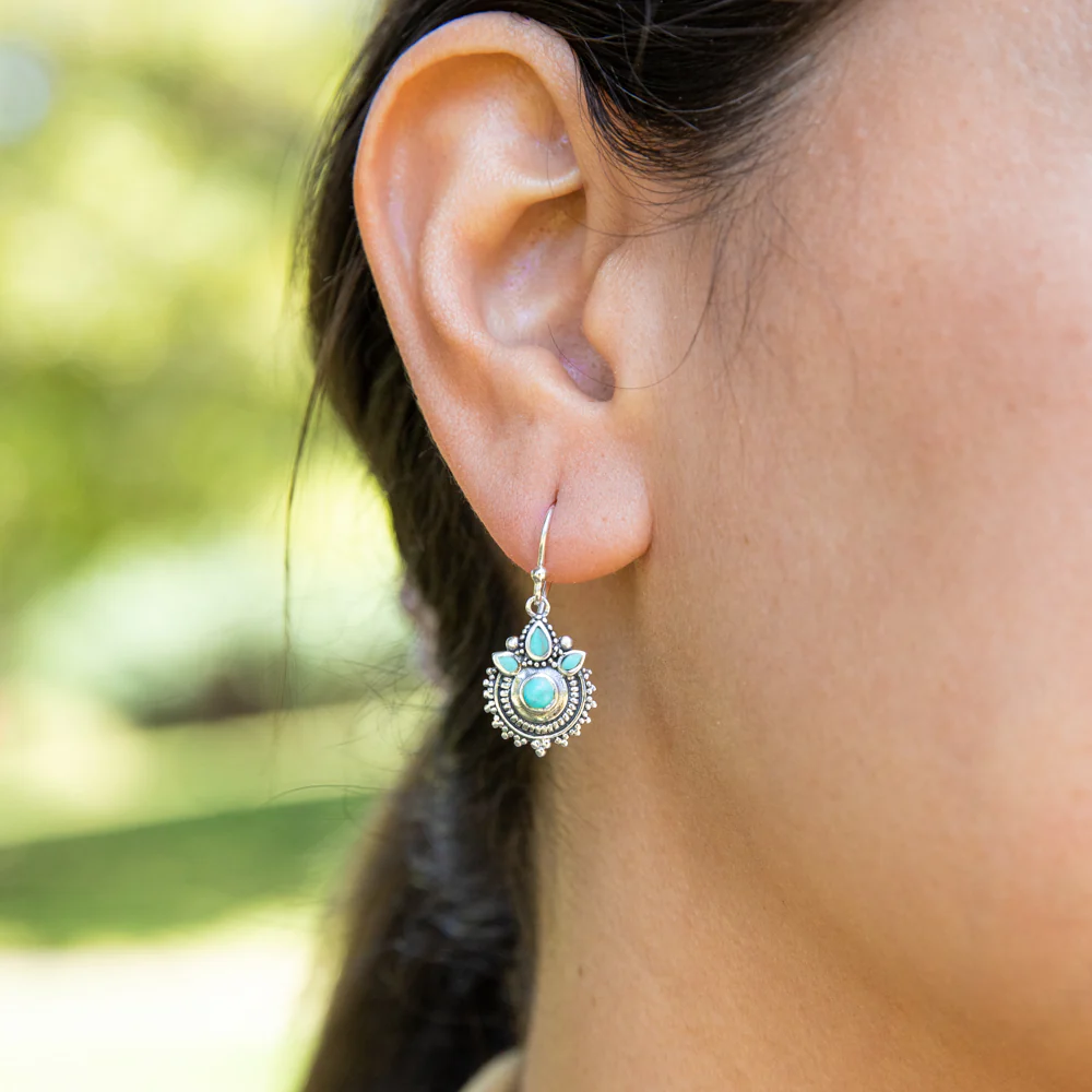 Sterling Silver Created Turquoise Oxidised Drop Earrings - Image 2