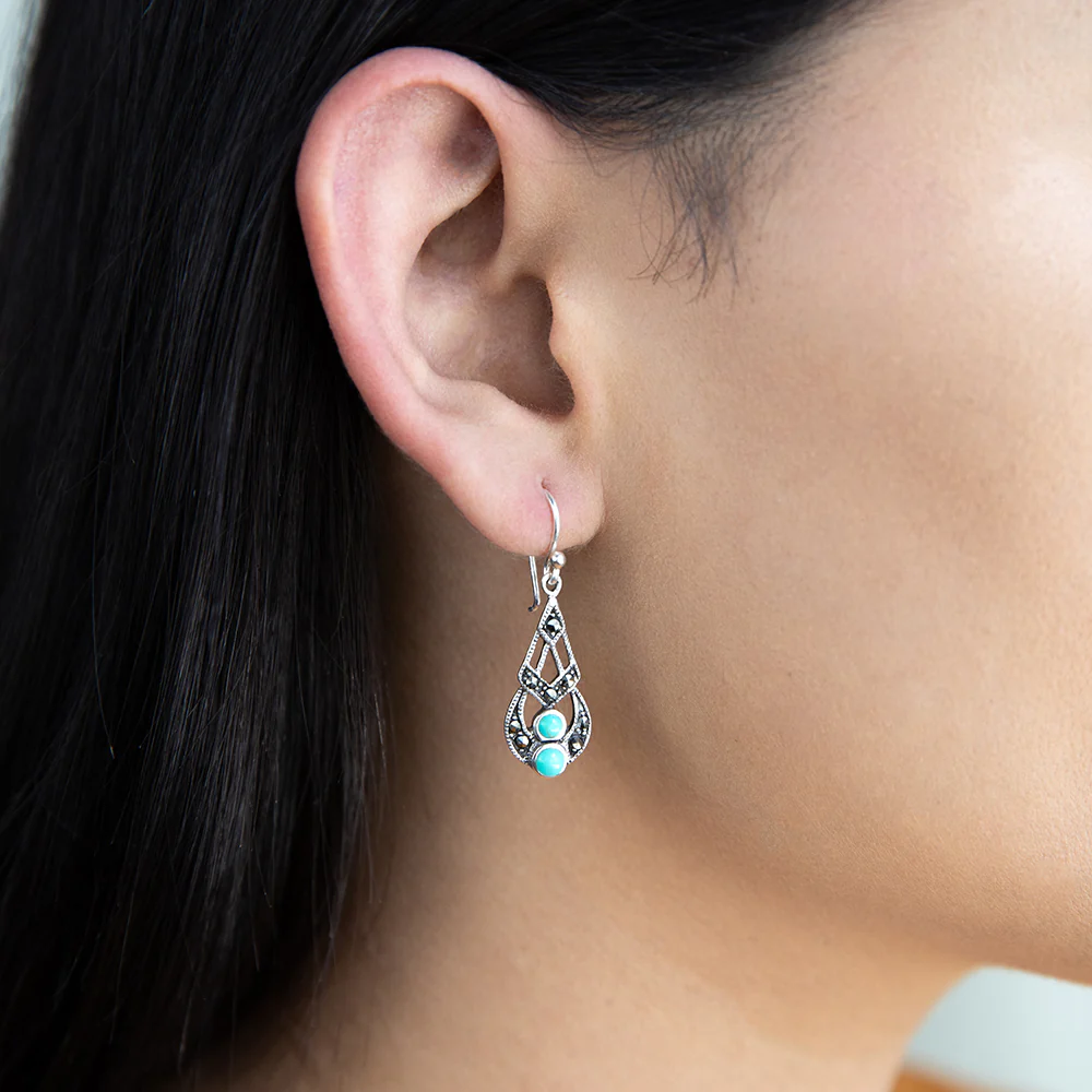 Sterling Silver Created Turquoise Vintage Drop Earrings - Image 2