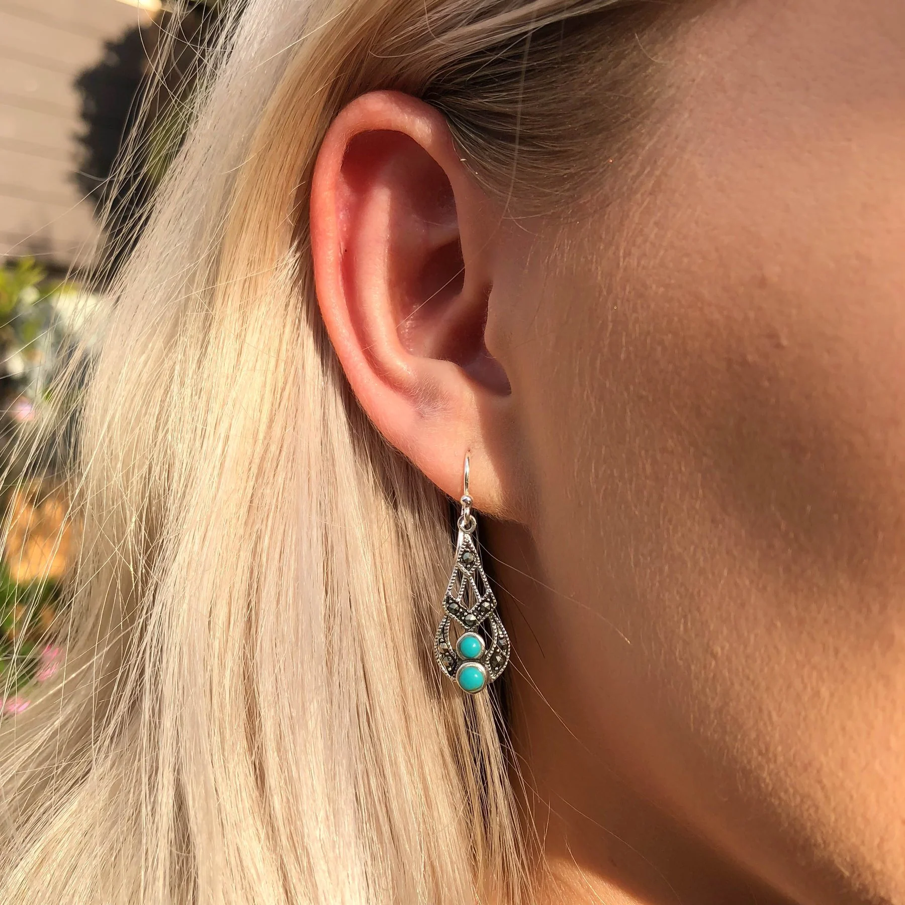 Sterling Silver Created Turquoise Vintage Drop Earrings - Image 3