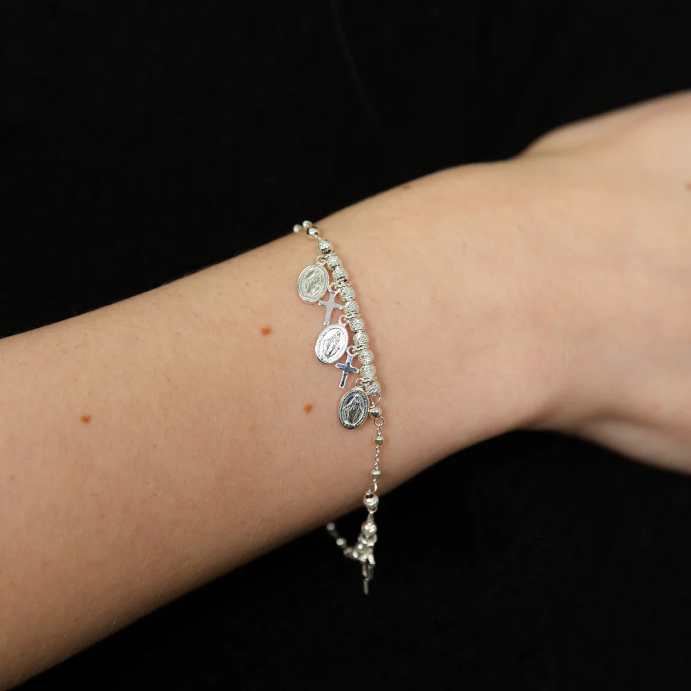 Sterling Silver Cross And Medallion Charm 19cm Bracelet - Image 2
