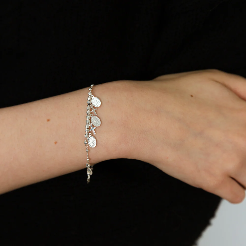 Sterling Silver Cross And Medallion Charm 19cm Bracelet - Image 4