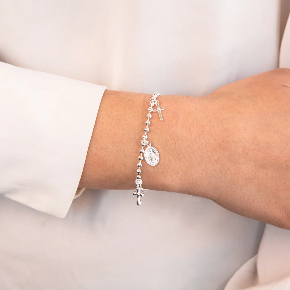 Sterling Silver Cross and Medallion Slider Bracelet - Image 3