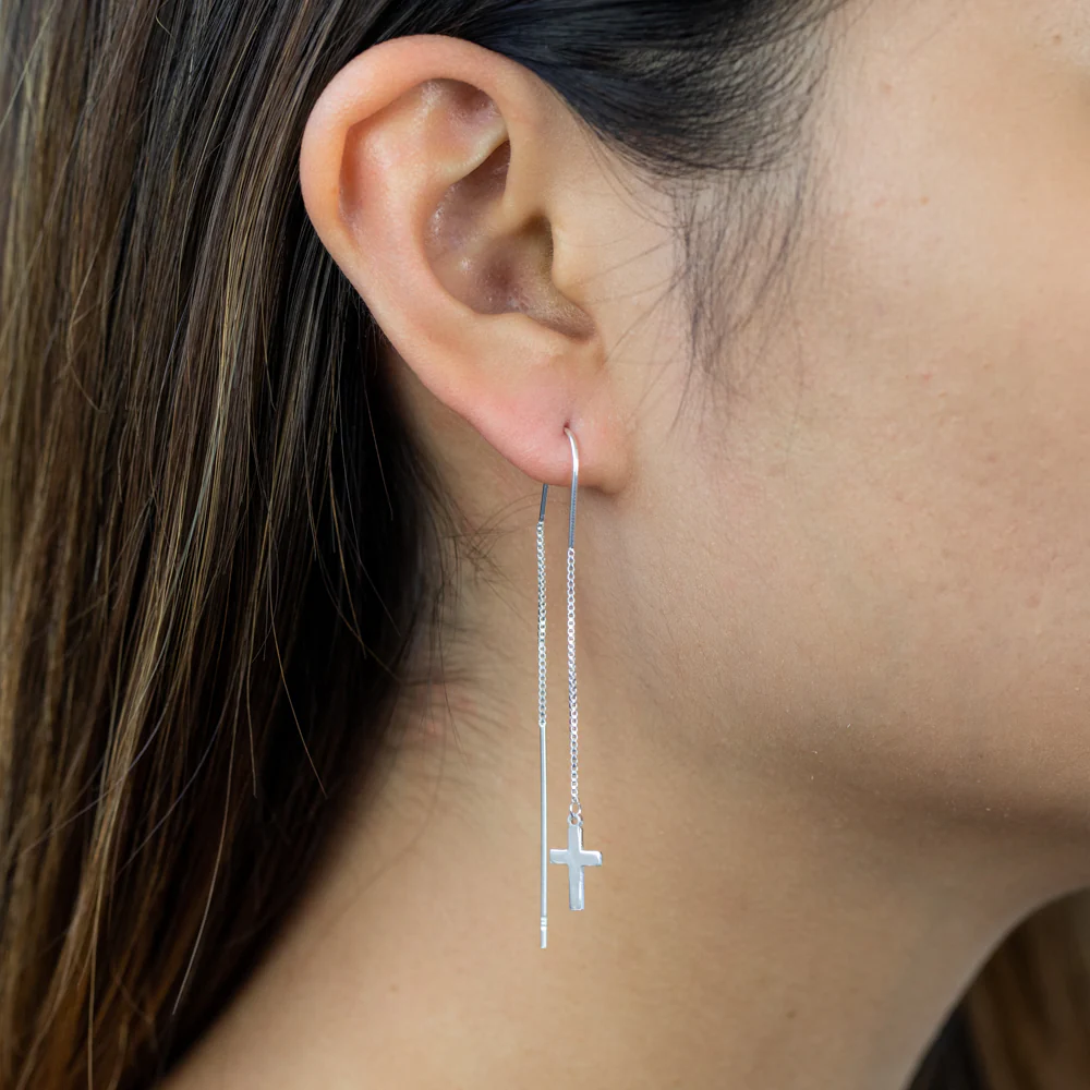 Sterling Silver Cross Threader Drop Earrings - Image 2
