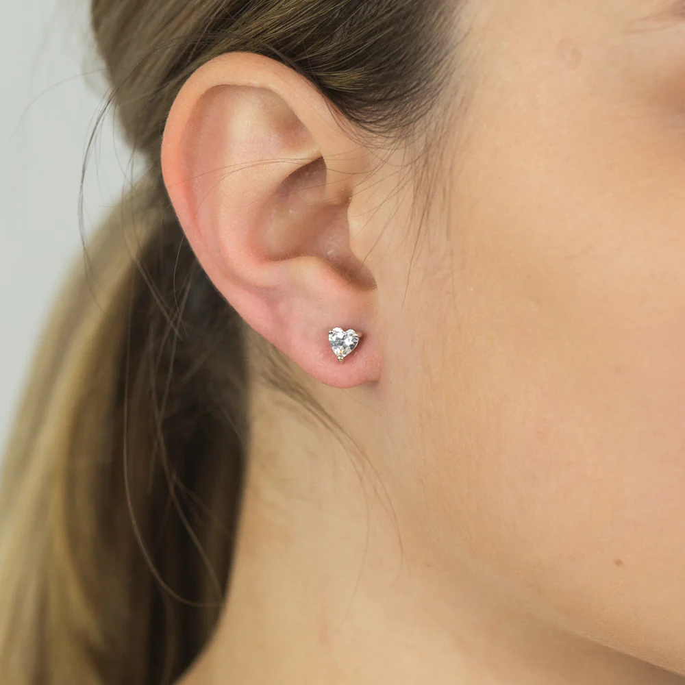 Sterling Silver Cubic Zirconia 5mm Heart Stud Earrings - Image 2
