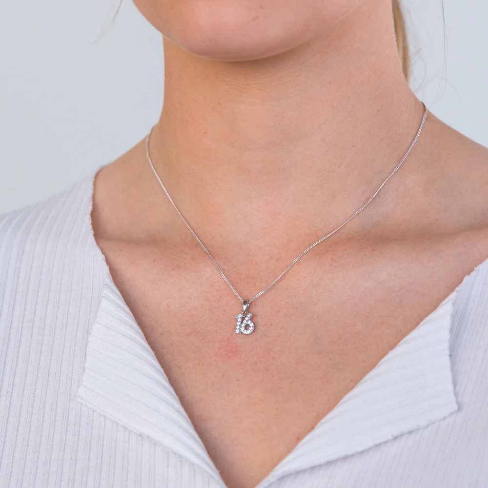 Sterling Silver Cubic Zirconia 9.5mm Number "16" Pendant - Image 2