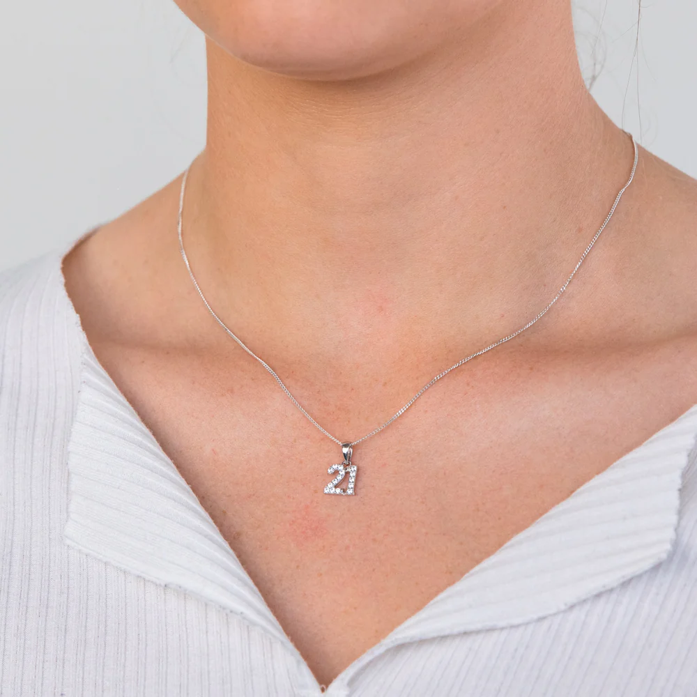 Sterling Silver Cubic Zirconia 9mm Number "21" Pendant - Image 2