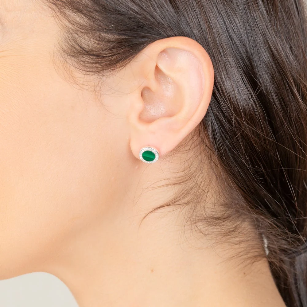 Sterling Silver Cubic Zirconia And Created Malachite Round Stud Earrings - Image 2