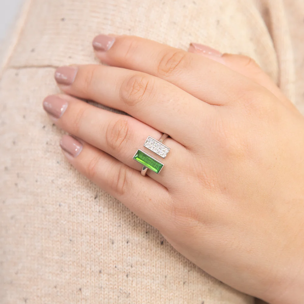 Sterling Silver Cubic Zirconia And Green Enamel Open Ring - Image 2