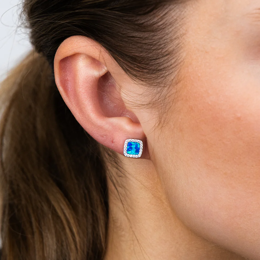 Sterling Silver Cubic Zirconia Created Blue Opal Square Stud Earrings - Image 2