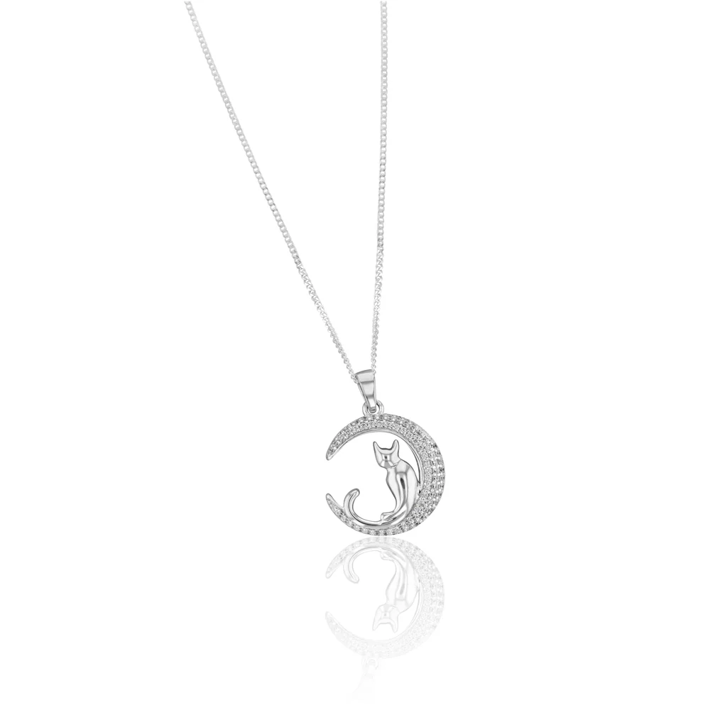 Sterling Silver Cubic Zirconia Crescent Moon with Cat Pendant - Image 2