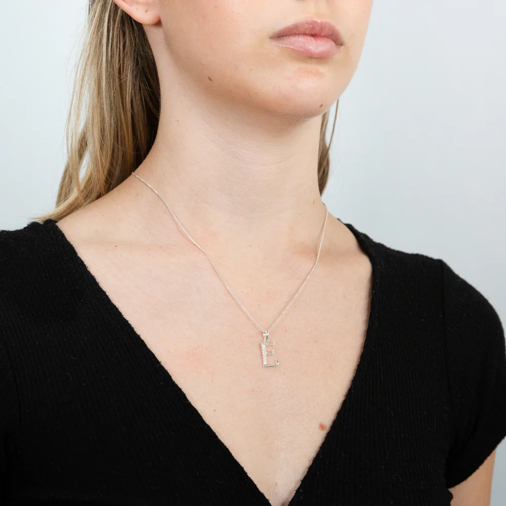 Sterling Silver Cubic Zirconia Cursive Initial "E" Pendant - Image 2