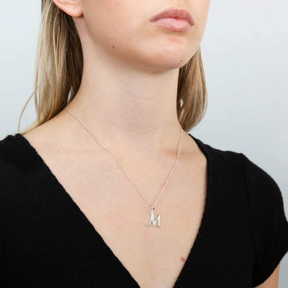 Sterling Silver Cubic Zirconia Cursive Initial "M" Pendant - Image 2