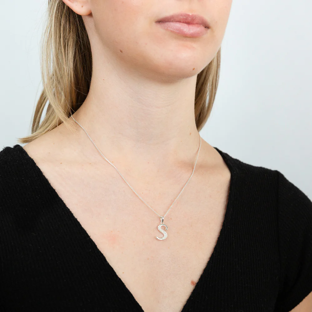 Sterling Silver Cubic Zirconia Cursive Initial "S" Pendant - Image 2