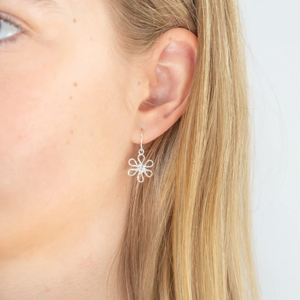 Sterling Silver Cubic Zirconia Cut-out Flower Drop Earrings - Image 2