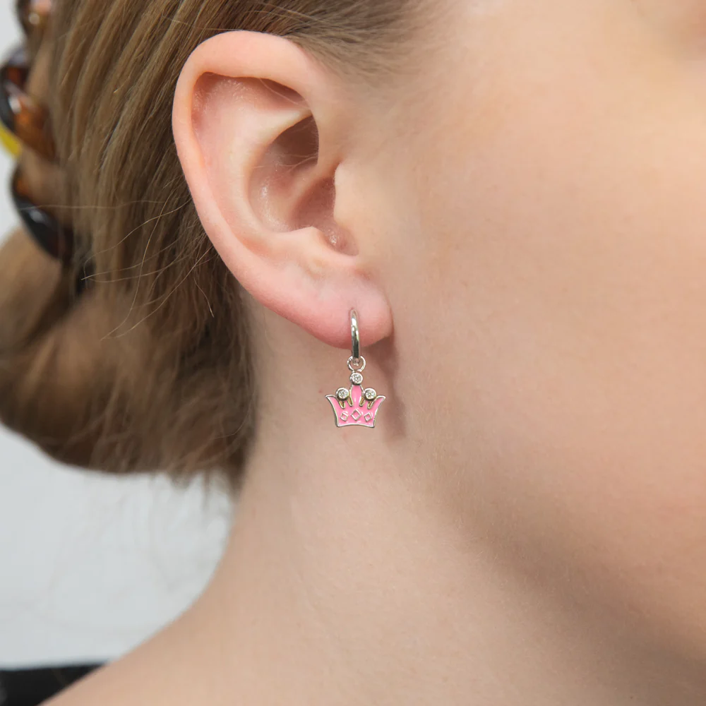 Sterling Silver Cubic Zirconia Enamel Coated Crown Hoop Earrings - Image 2