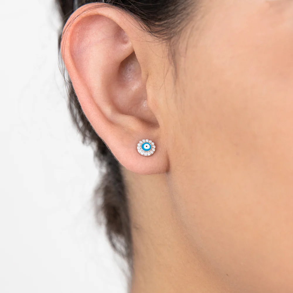 Sterling Silver Cubic Zirconia Evil Eye In Circle Stud Earrings - Image 2