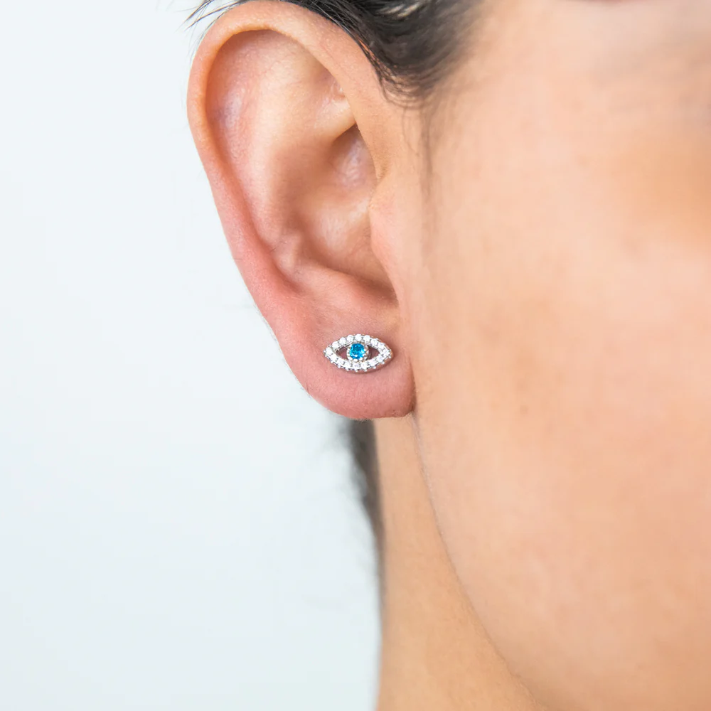 Sterling Silver Cubic Zirconia Evil Eye Stud Earrings - Image 2