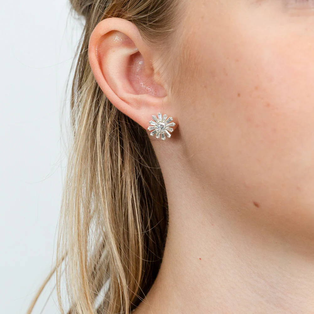 Sterling Silver Cubic Zirconia Flower Stud Earrings - Image 2