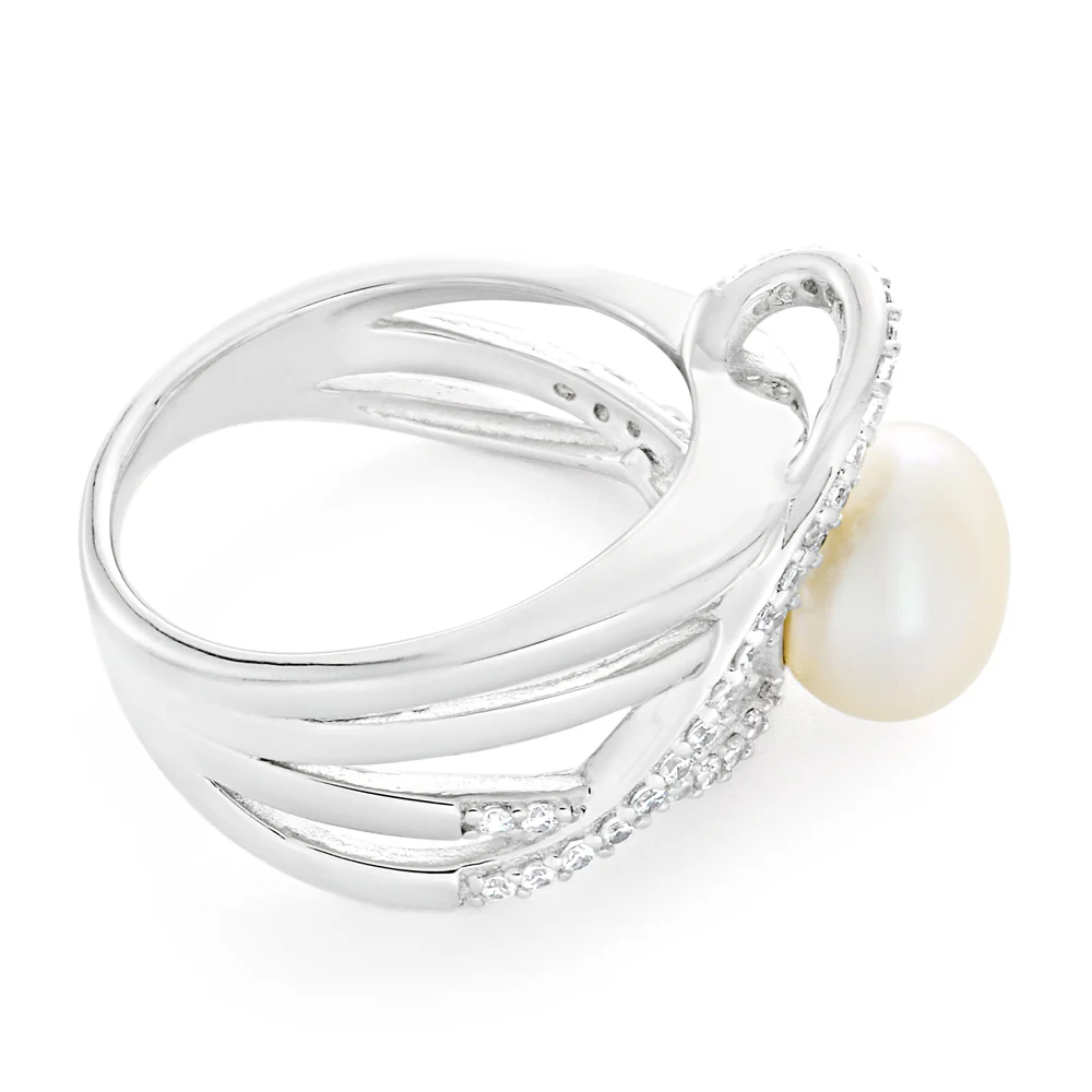 Sterling Silver Cubic Zirconia + Freshwater Pearl Ring   *No Resize* - Image 2
