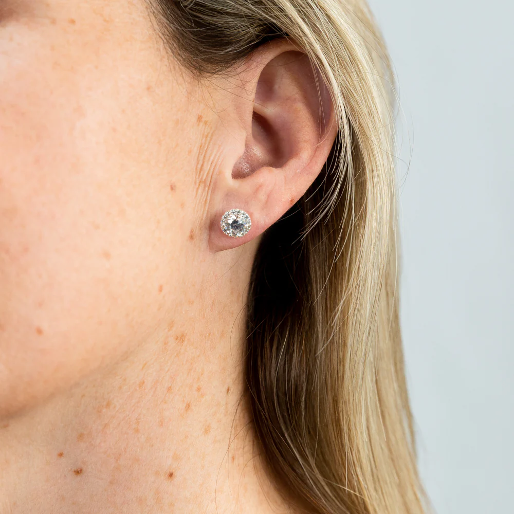 Sterling Silver Cubic Zirconia Halo Stud Earrings - Image 2