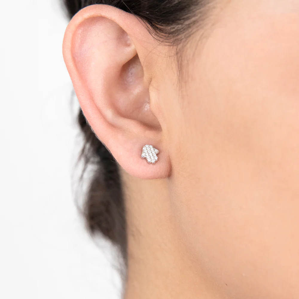 Sterling Silver Cubic Zirconia Hamsa Stud Earrings - Image 2