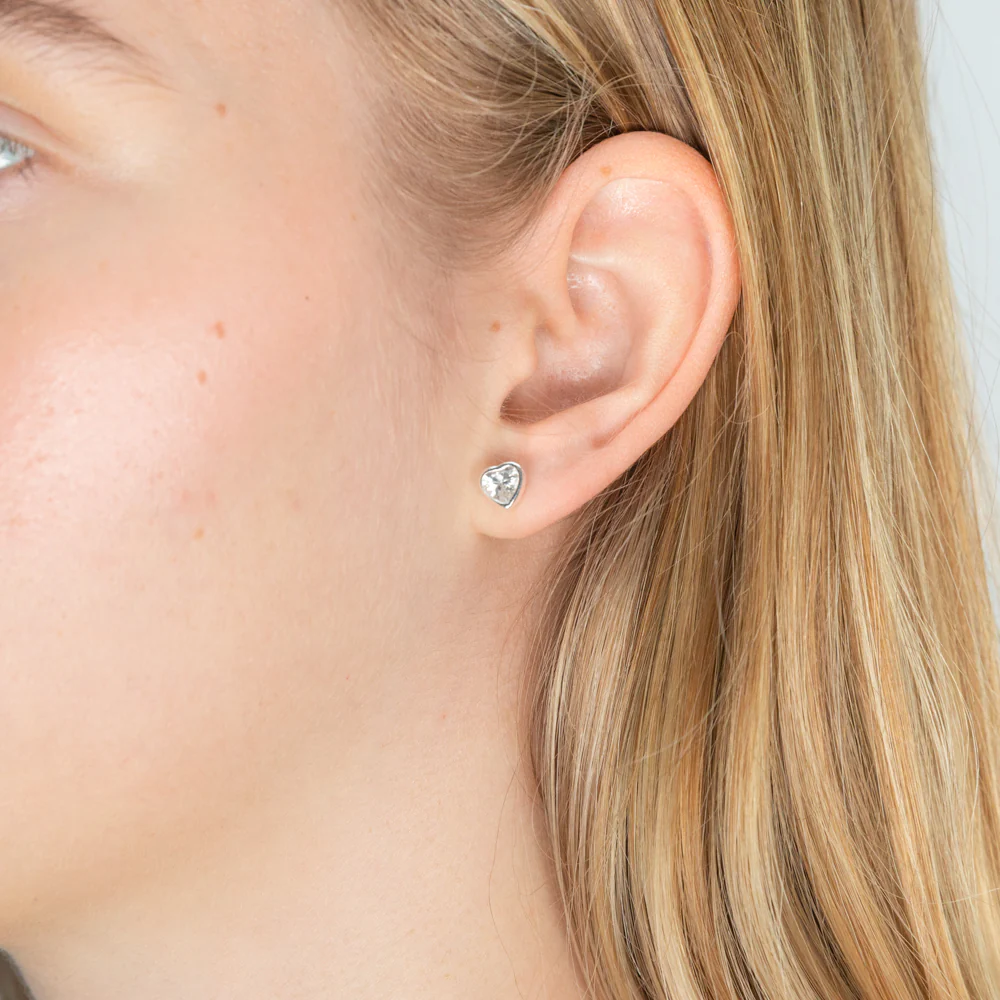 Sterling Silver Cubic Zirconia Heart Bezel Stud Earrings - Image 2