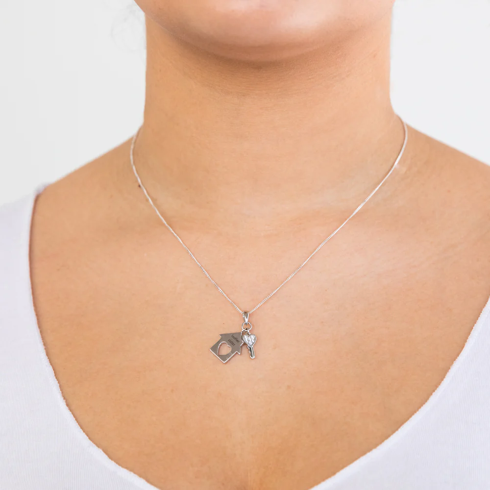 Sterling Silver Cubic Zirconia Home And Key Brother Sister Pendant - Image 2