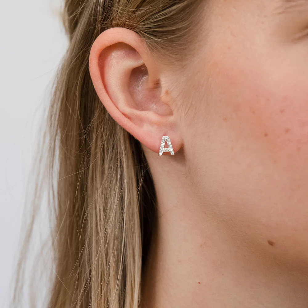 Sterling Silver Cubic Zirconia Initial "A" Stud Earrings - Image 2