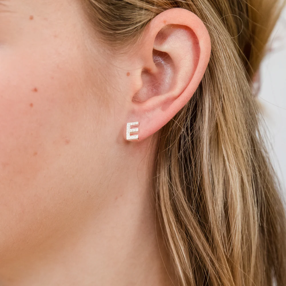 Sterling Silver Cubic Zirconia Initial "E" Stud Earrings - Image 2