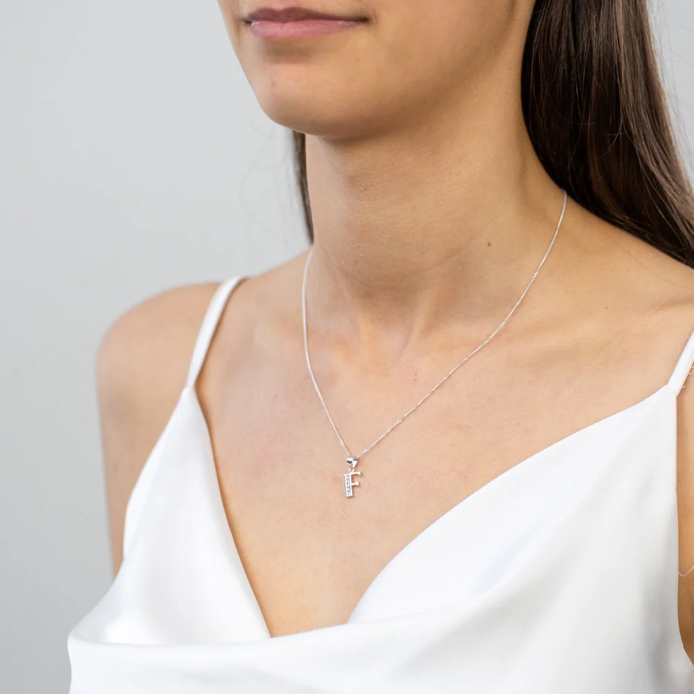 Sterling Silver Cubic Zirconia  Initial "F"  Pendant - Image 2
