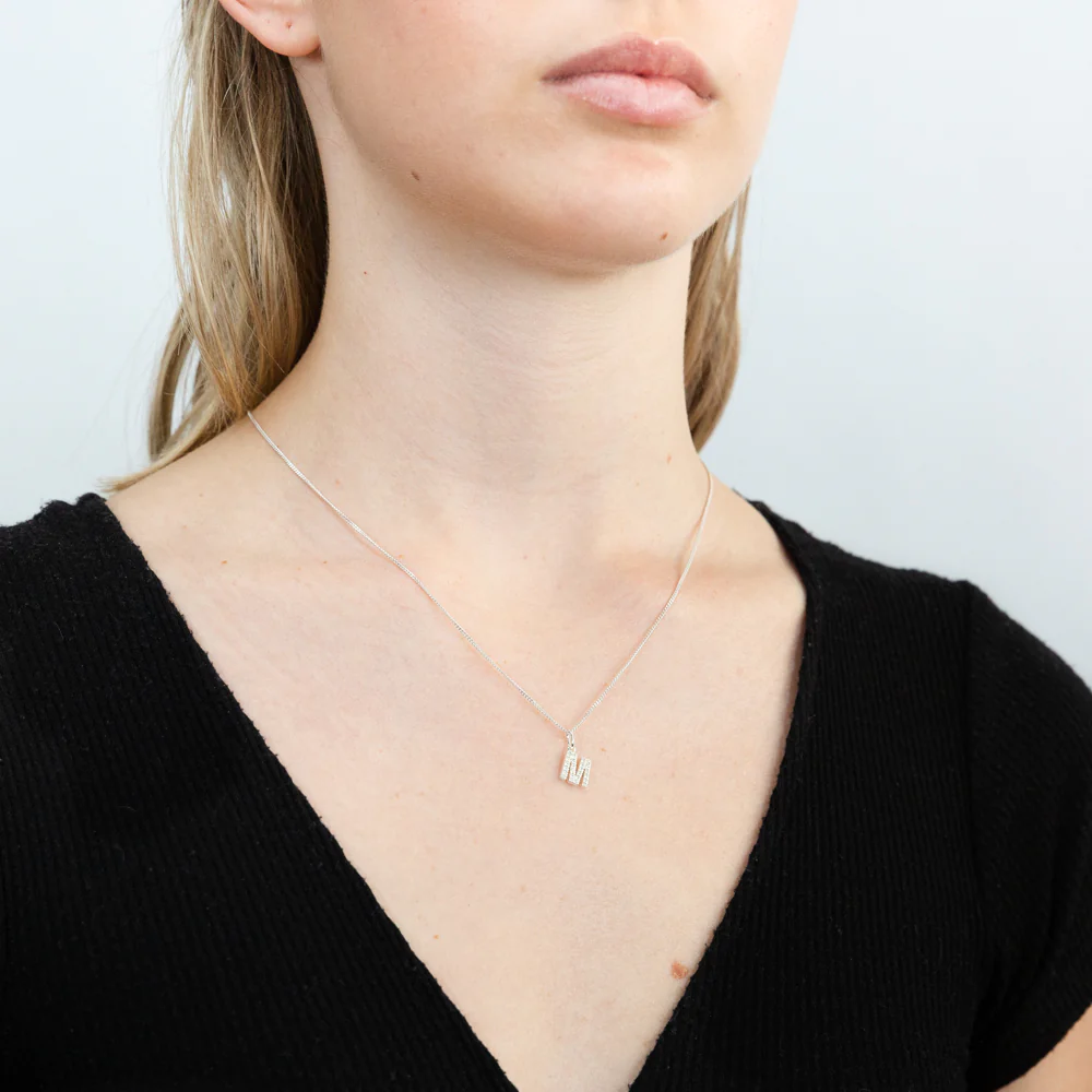 Sterling Silver Cubic Zirconia Initial "M" Pendant - Image 2