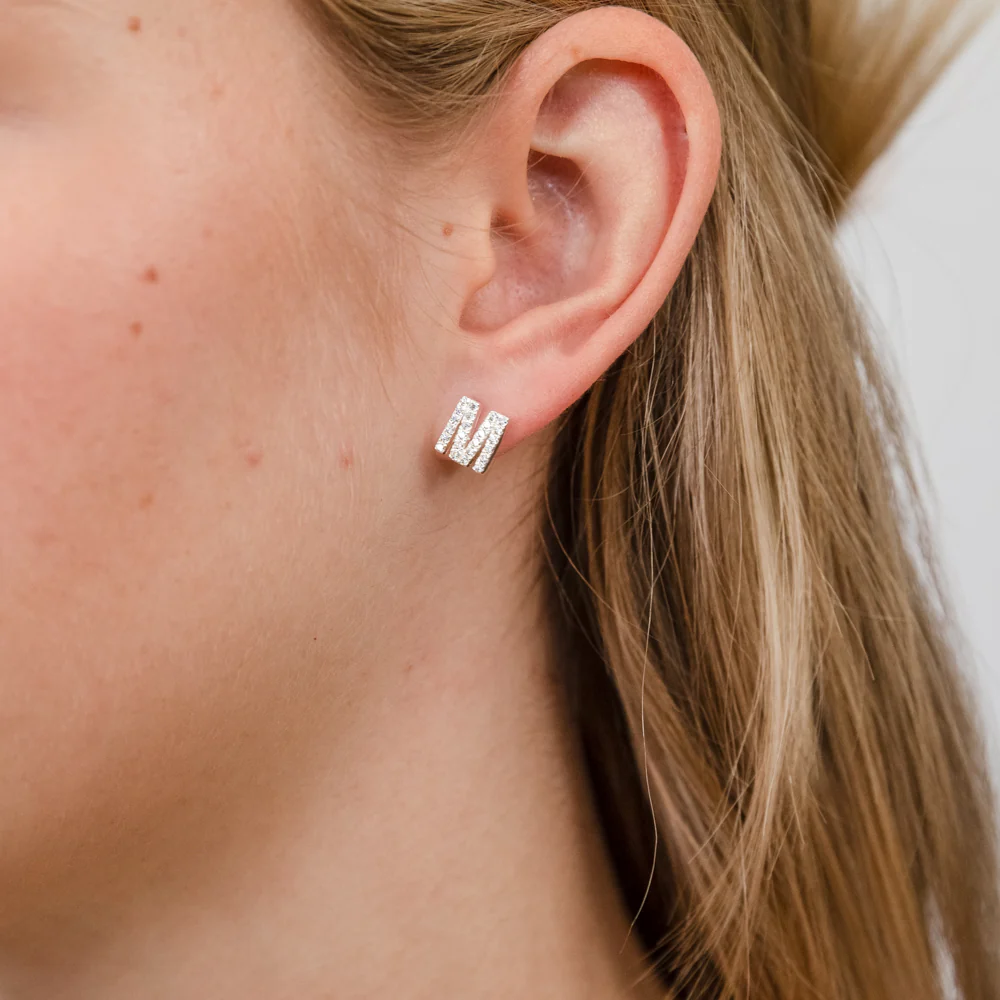 Sterling Silver Cubic Zirconia Initial "M" Stud Earrings - Image 2