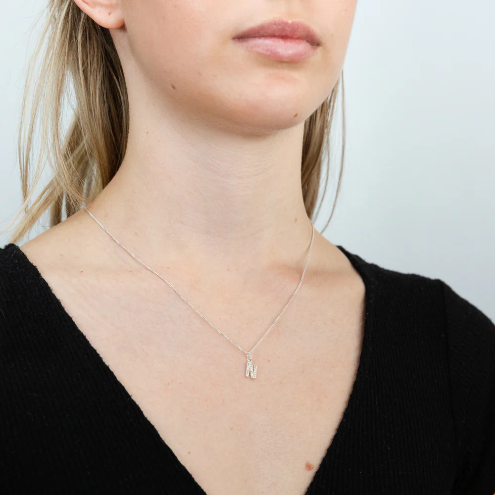 Sterling Silver Cubic Zirconia Initial "N" Pendant - Image 2