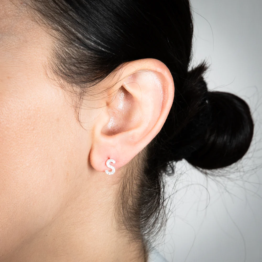 Sterling Silver Cubic Zirconia Initial "S" Stud Earrings - Image 2