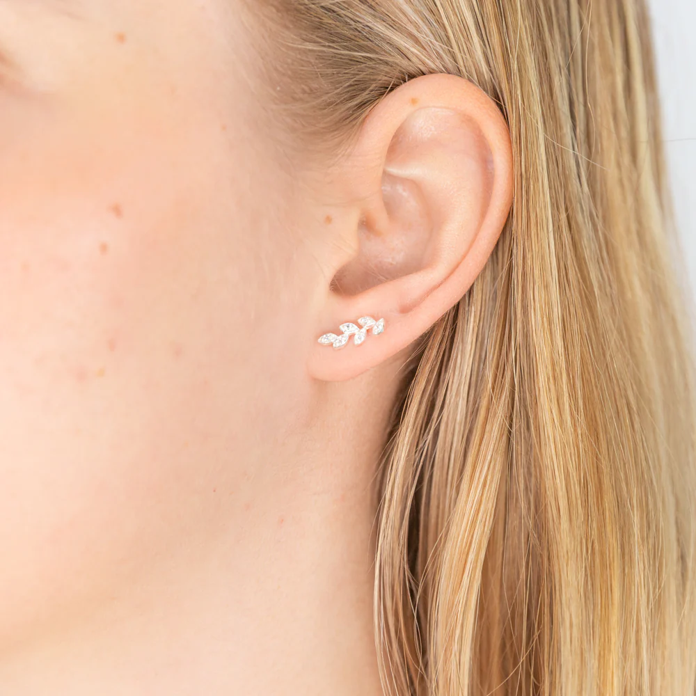 Sterling Silver Cubic Zirconia Leaf Branch Stud Earrings - Image 2