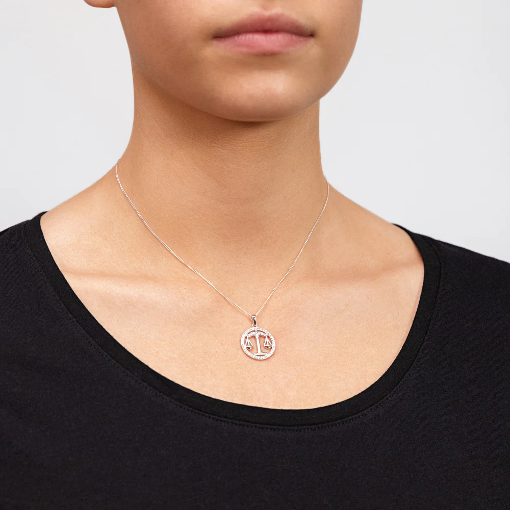 Sterling Silver Cubic Zirconia Libra Horoscope Round 19mm x 26mm Pendant - Image 2