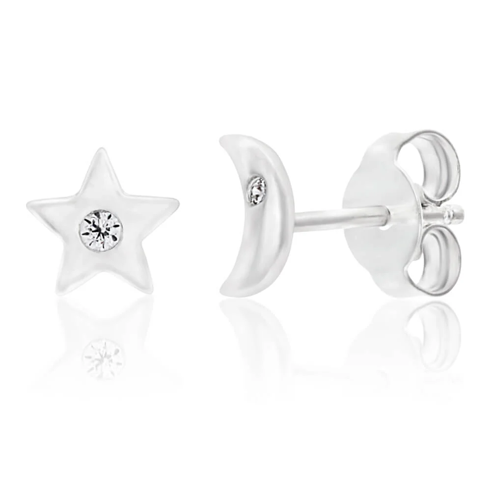 Sterling Silver Cubic Zirconia Moon and Star Stud Earrings - Image 2