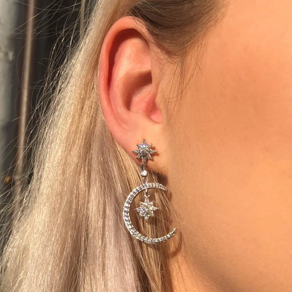 Sterling Silver Cubic Zirconia Moon & Star Drop Earrings - Image 2