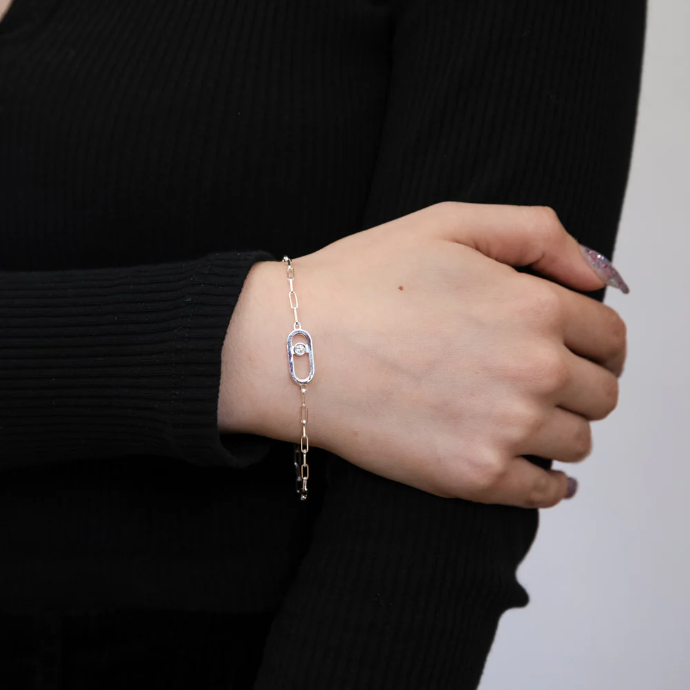 Sterling Silver Cubic Zirconia On Chunky Link 19cm Paperclip Bracelet - Image 3