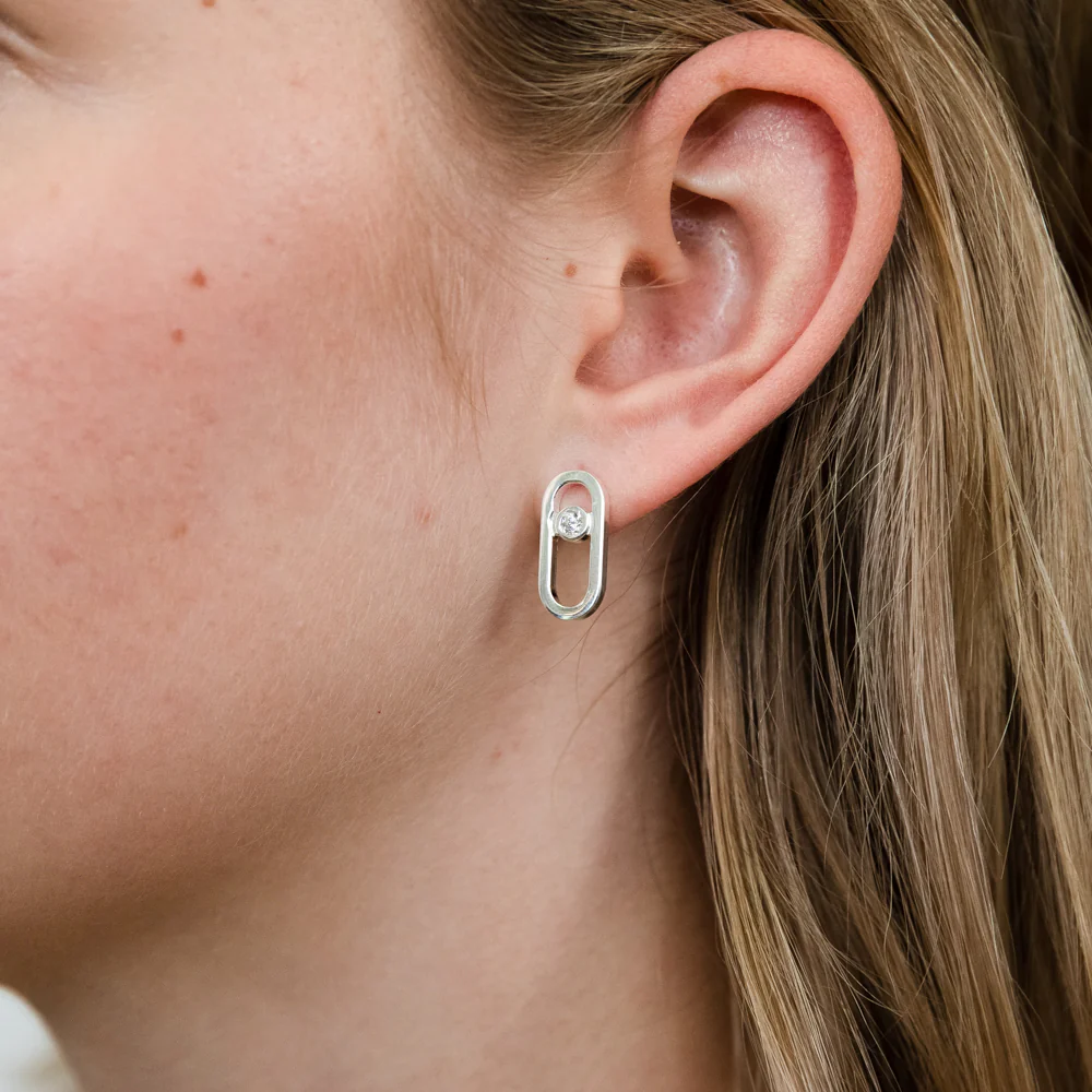 Sterling Silver Cubic Zirconia On Chunky Link Stud Earring - Image 2