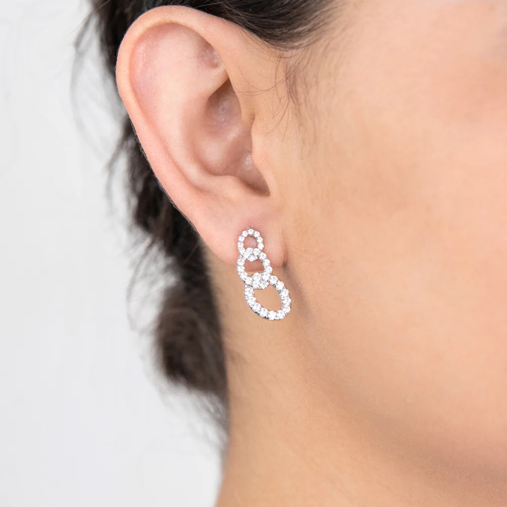 Sterling Silver Cubic Zirconia On Connected Links Rhodium Plated Stud Earrings - Image 2