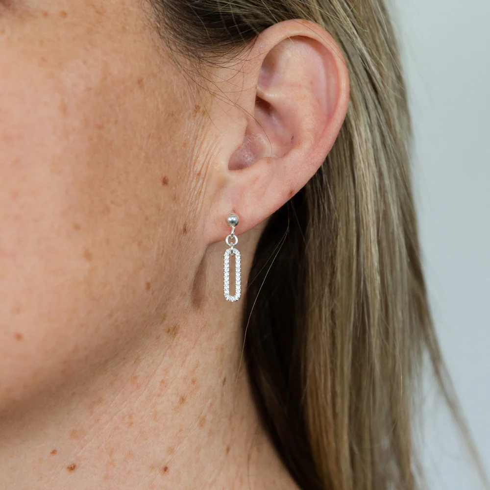 Sterling Silver Cubic Zirconia On Open Rectangle Drop Earrings - Image 2