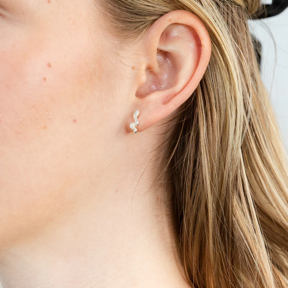 Sterling Silver Cubic Zirconia On snake Stud Earrings - Image 2