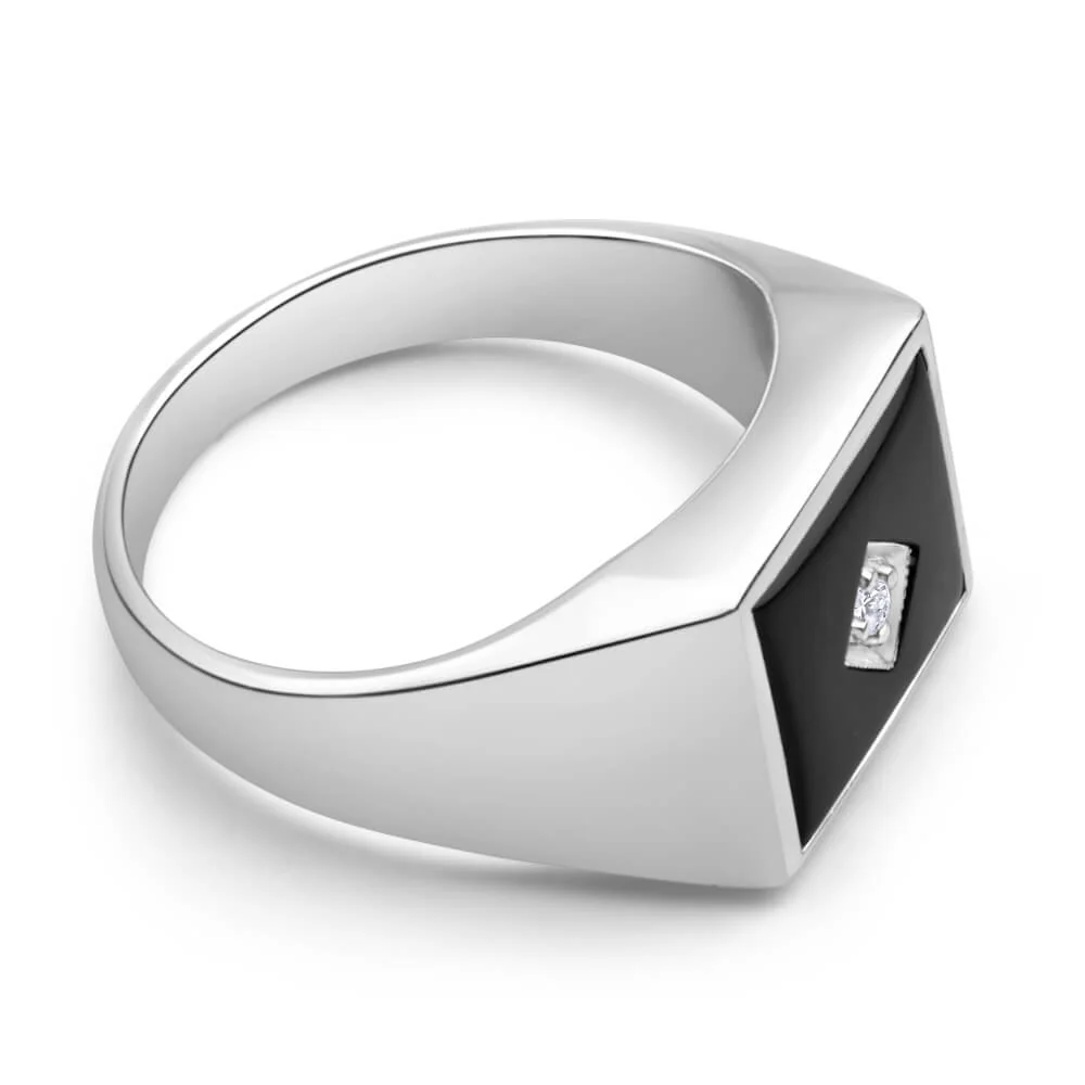 Sterling Silver Cubic Zirconia + Onyx Classic Ring - Image 2
