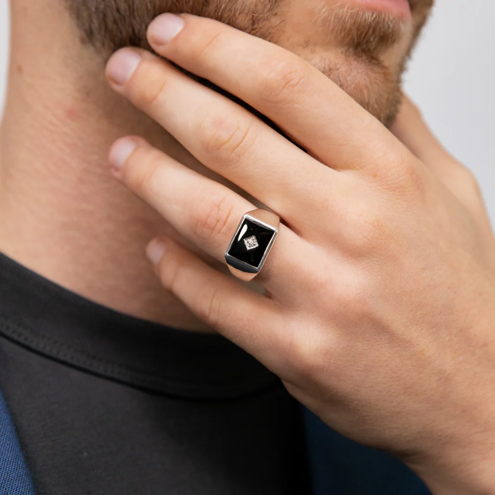Sterling Silver Cubic Zirconia + Onyx Classic Ring - Image 3