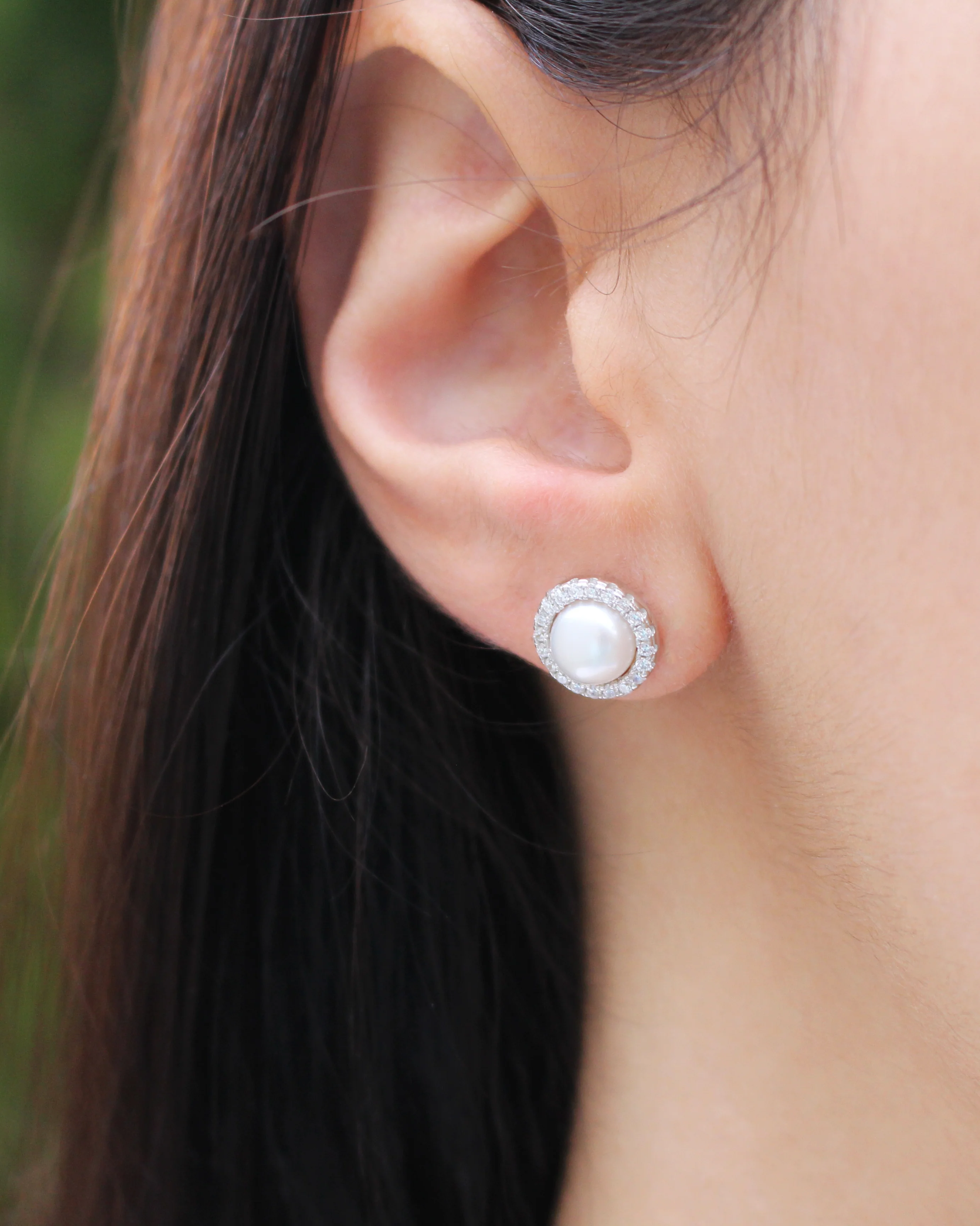 Sterling Silver Cubic Zirconia + Pearl Halo Stud Earrings - Image 2