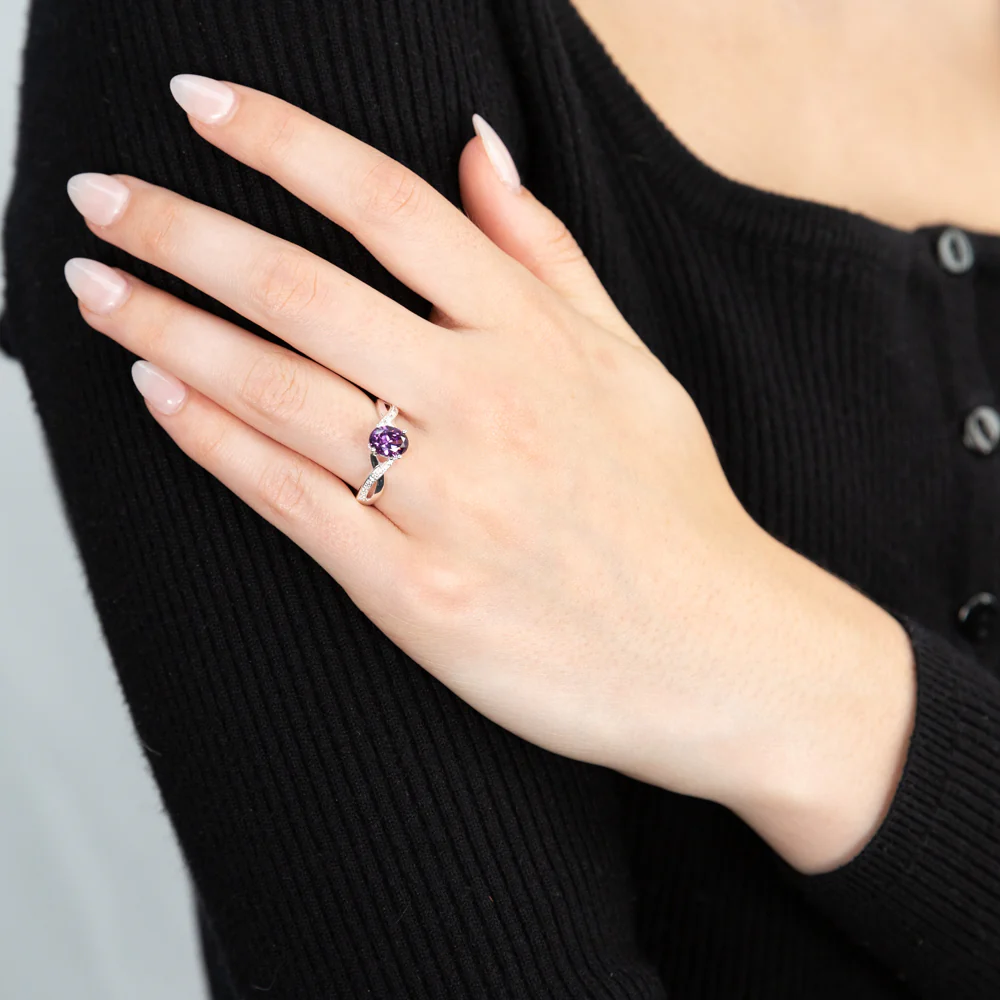 Sterling Silver Cubic Zirconia Purple Oval Ring - Image 3