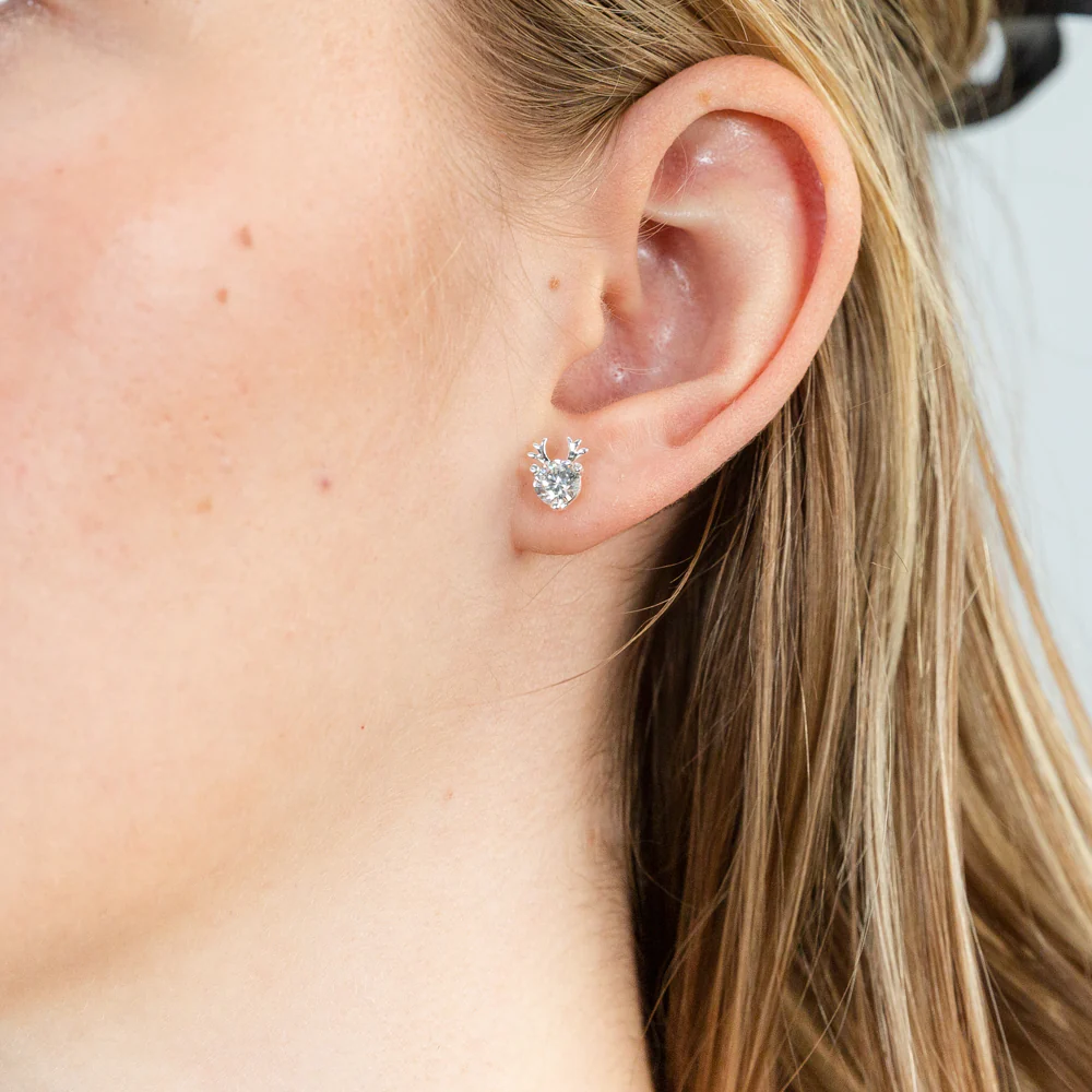 Sterling Silver Cubic Zirconia Reindeer Stud Earrings - Image 2