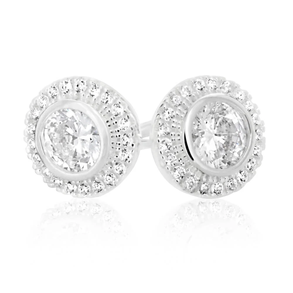Sterling Silver Cubic Zirconia Round Halo Stud Earrings - Image 2