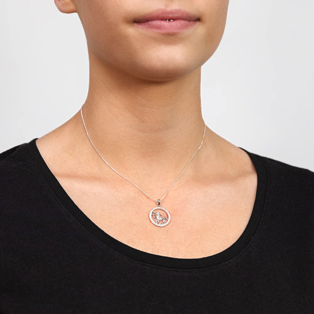 Sterling Silver Cubic Zirconia Sagitarius Horoscope Round 19mm x 26mm Pendant - Image 2